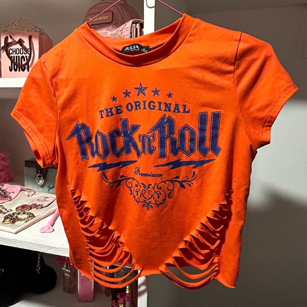 NWOT Orange & Blue Rock n Roll Cutout Tee Shirt | Short Sleeve Size Small